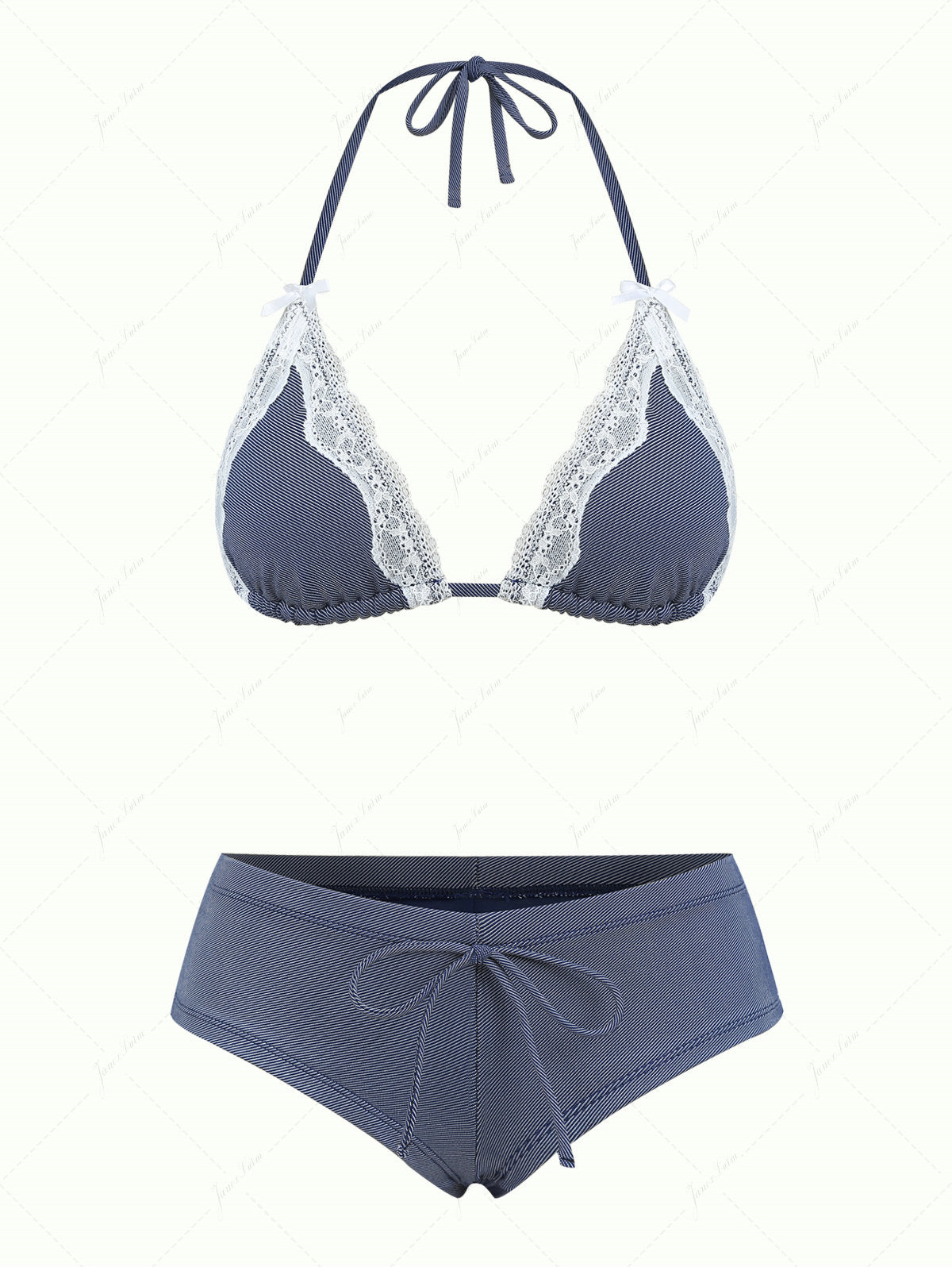 Conjunto Janex em Biquíni Jeans Denim Valentina Privée | Top Triangular com Laço e Amarração Halterjeans azul escuro com top de biquíni triangular com laço e alças no pescoço e calcinha fio dental de cintura baixa.