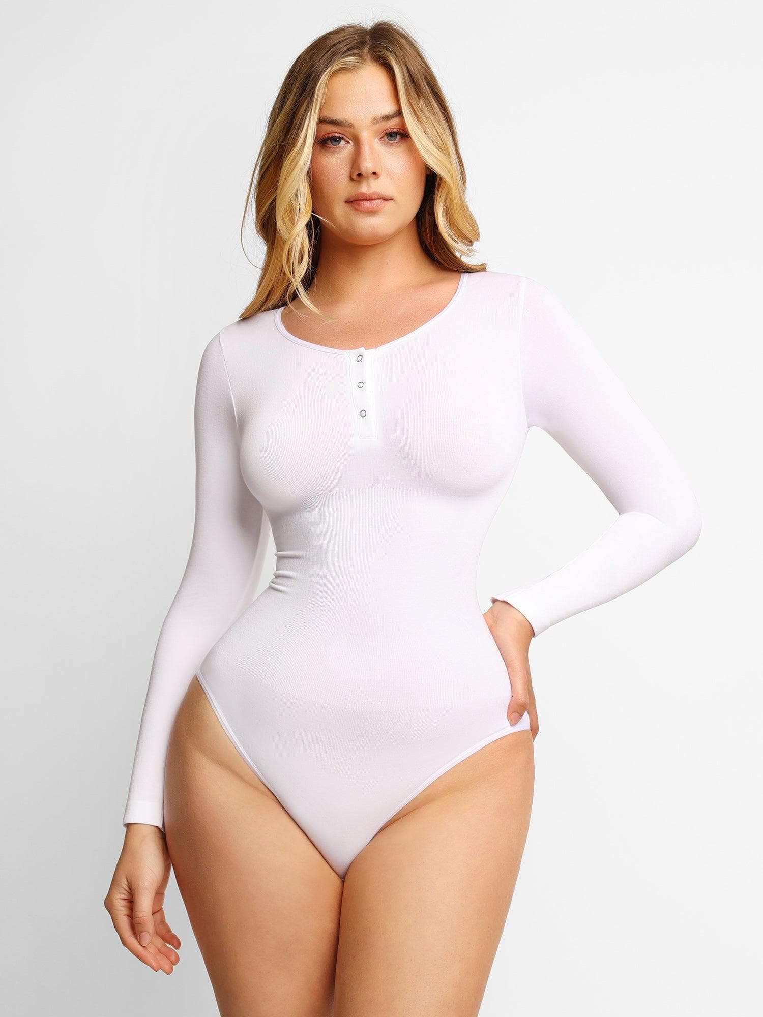 Body Modelador Sem Costura em Modal com Gola Henley | Manga Longa