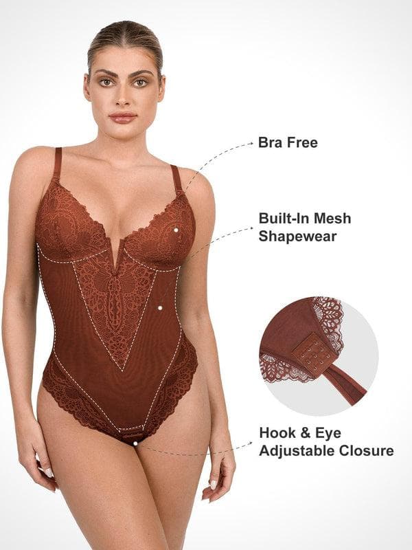 Body Modelador Rendado com Decote V Profundo | Tanga