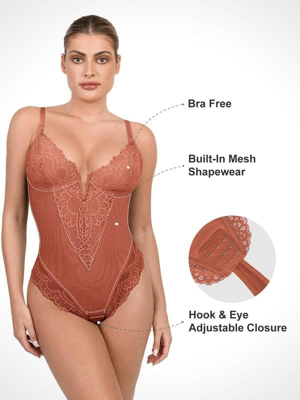 Body Modelador Rendado com Decote V Profundo | Tanga