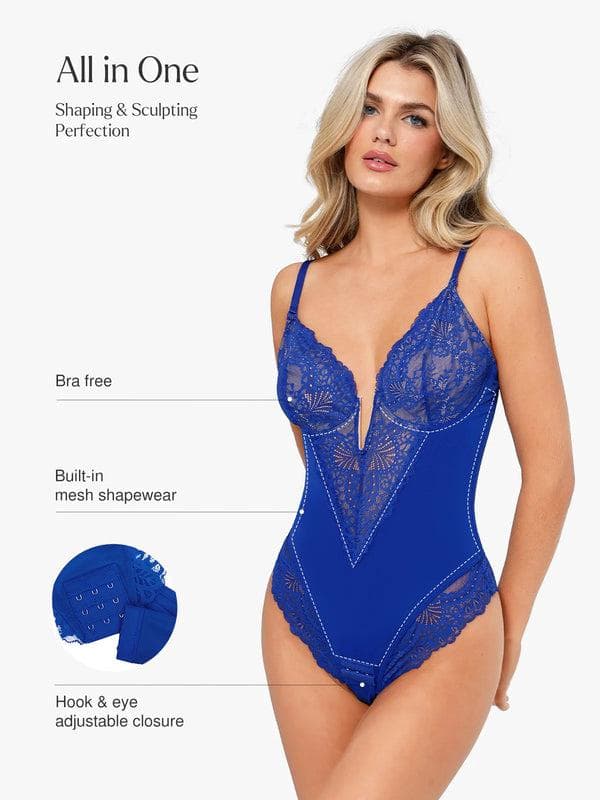 Body Modelador Rendado com Decote V Profundo | Tanga