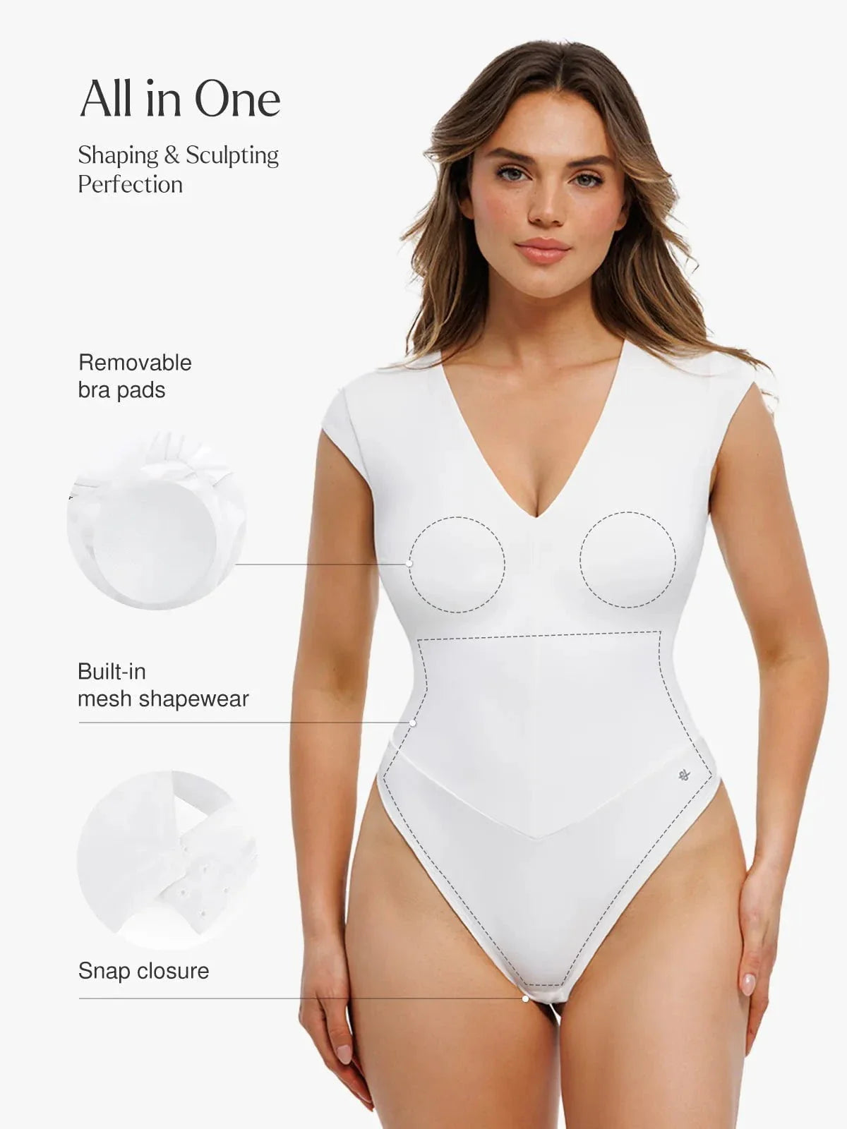 Body Modelador Decote V Manga Cap Valentina Privée | Silhueta Definida