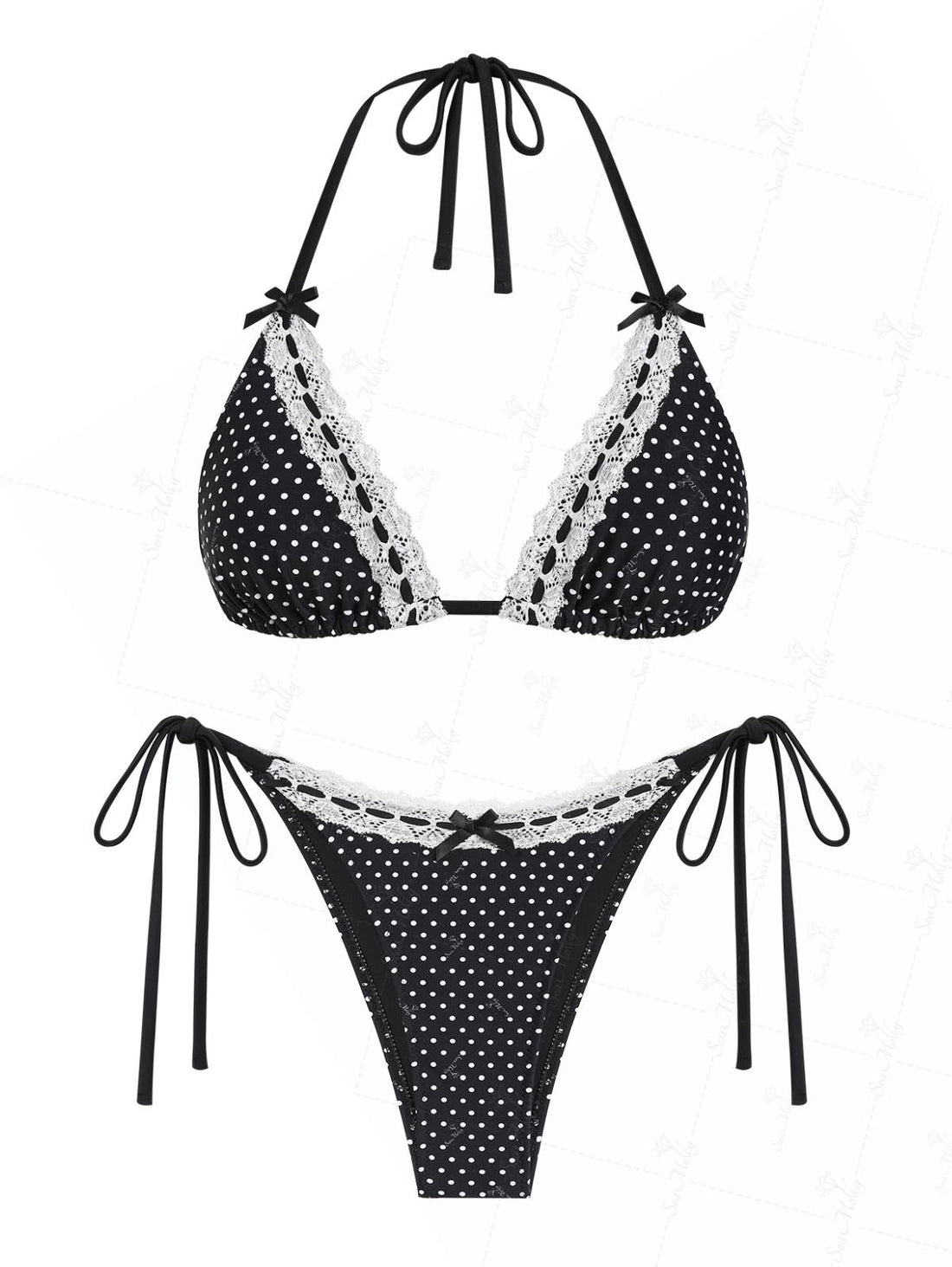 Biquíni Halter Poá com Renda Valentina Privée | Laço e Amarração Lateral Premium