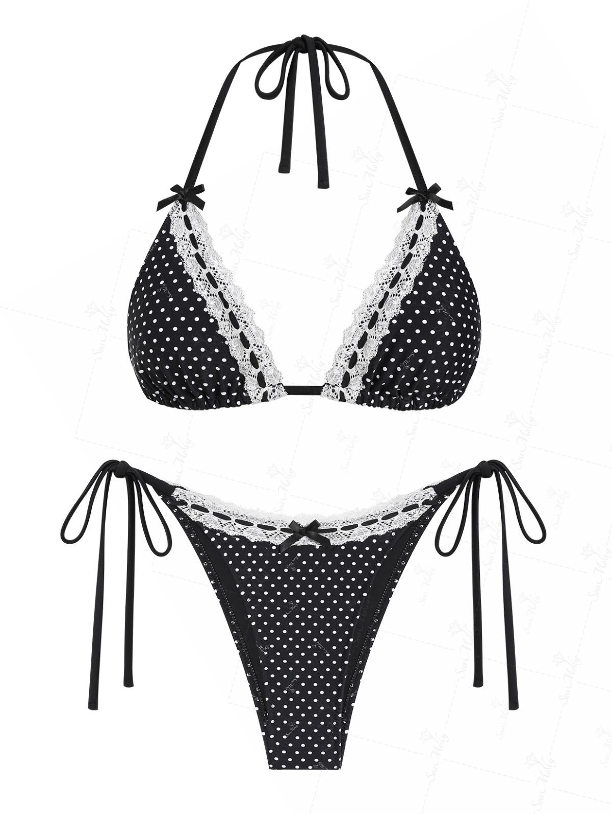 Biquíni Halter Poá com Renda Valentina Privée | Laço e Amarração Lateral Premium