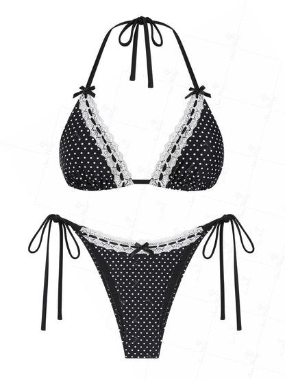 Biquíni Halter Poá com Renda Valentina Privée | Laço e Amarração Lateral Premium