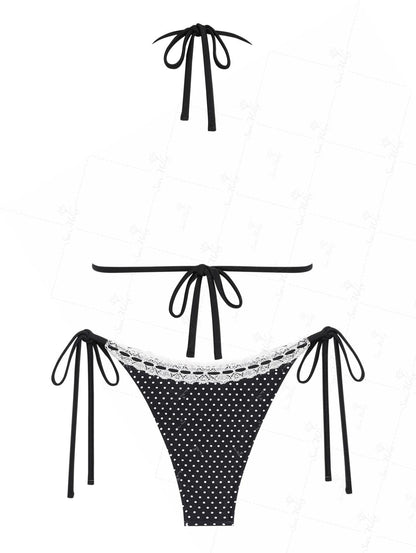 Biquíni Halter Poá com Renda Valentina Privée | Laço e Amarração Lateral Premium