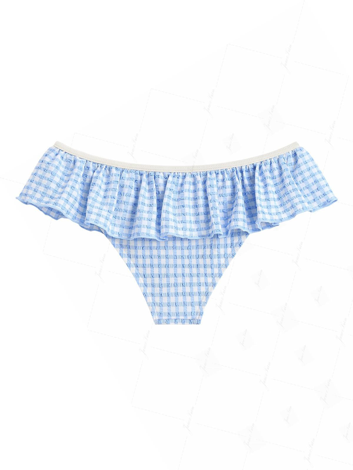 Calcinha de Biquíni Peplum Azul Claro Valentina Privée | Textura Quadriculada Premium