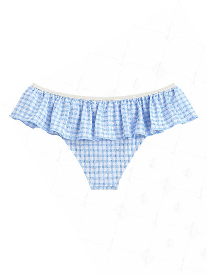 Calcinha de Biquíni Peplum Azul Claro Valentina Privée | Textura Quadriculada Premium