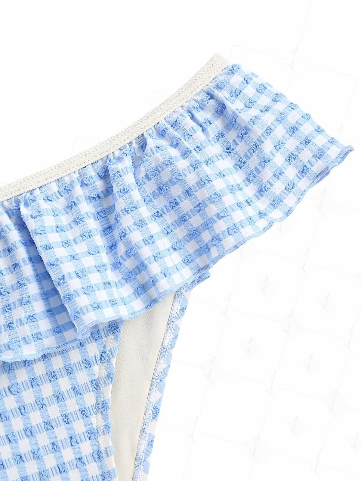 Calcinha de Biquíni Peplum Azul Claro Valentina Privée | Textura Quadriculada Premium