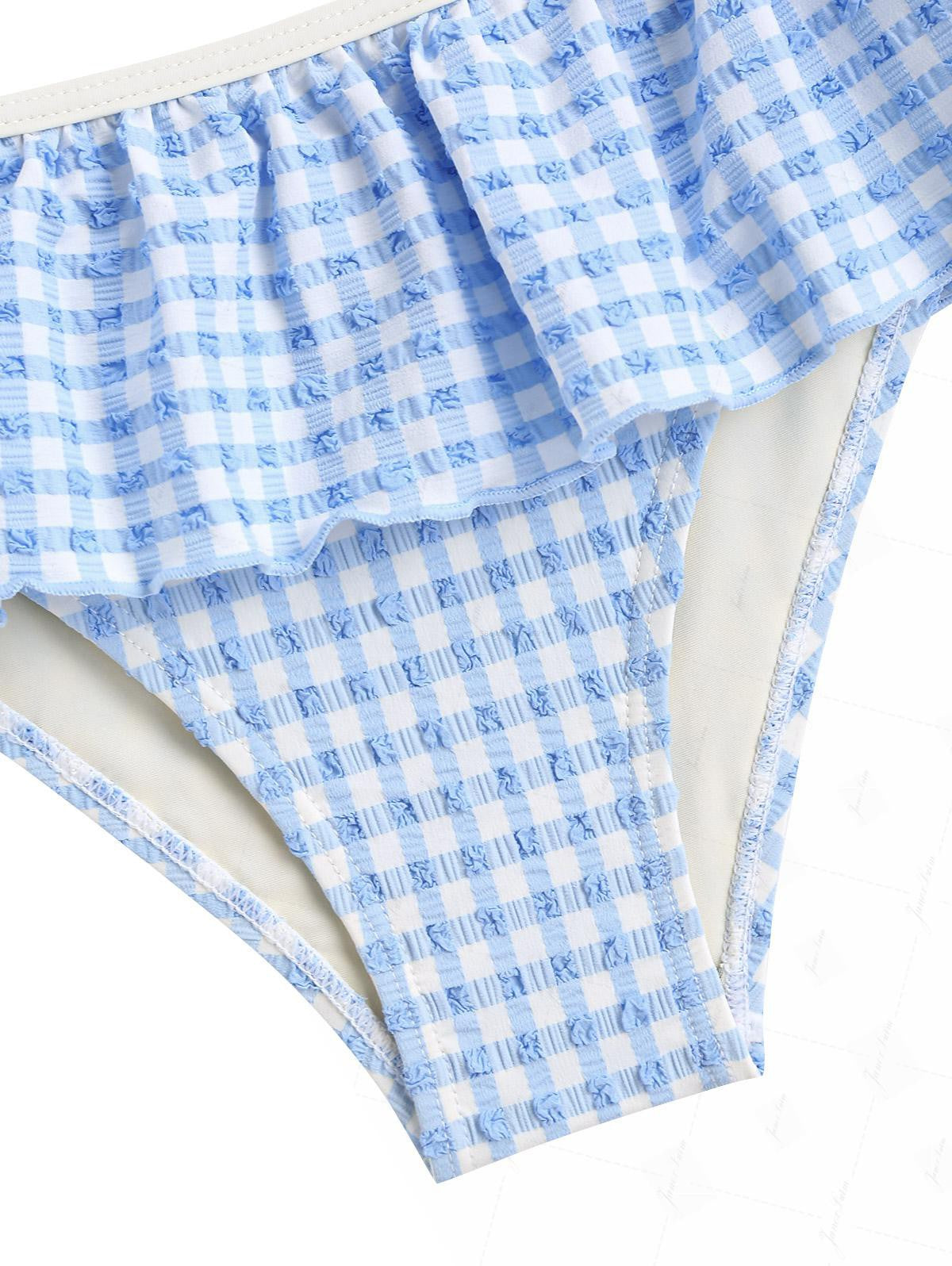 Calcinha de Biquíni Peplum Azul Claro Valentina Privée | Textura Quadriculada Premium