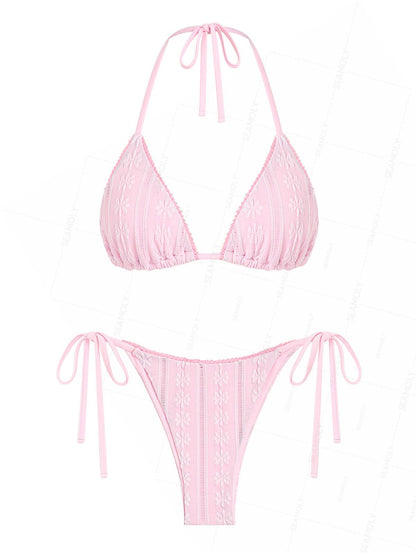 Biquíni Jacquard com Renda Valentina Privée | Top Triangular com Gravata Lateral