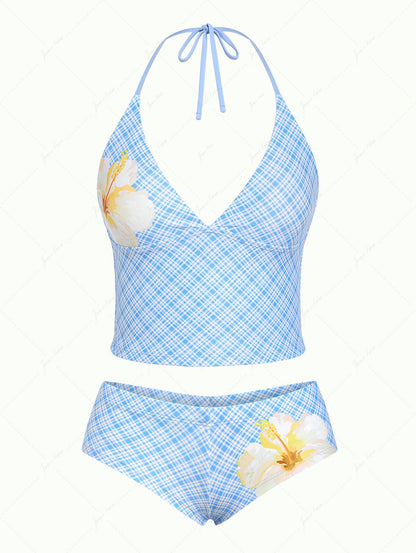 Biquíni Hibisco Azure Valentina Privée | Top Frente Única e Shortinho Cavado