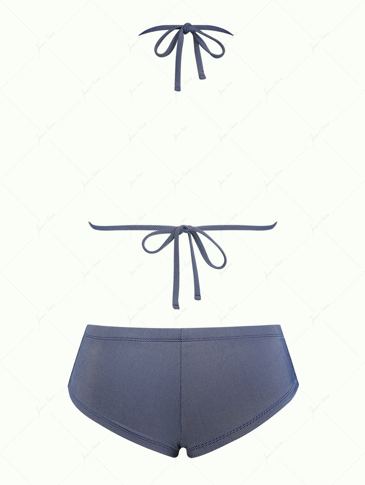 Conjunto Janex em Biquíni Jeans Denim Valentina Privée | Top Triangular com Laço e Amarração Halterjeans azul escuro com top de biquíni triangular com laço e alças no pescoço e calcinha fio dental de cintura baixa.