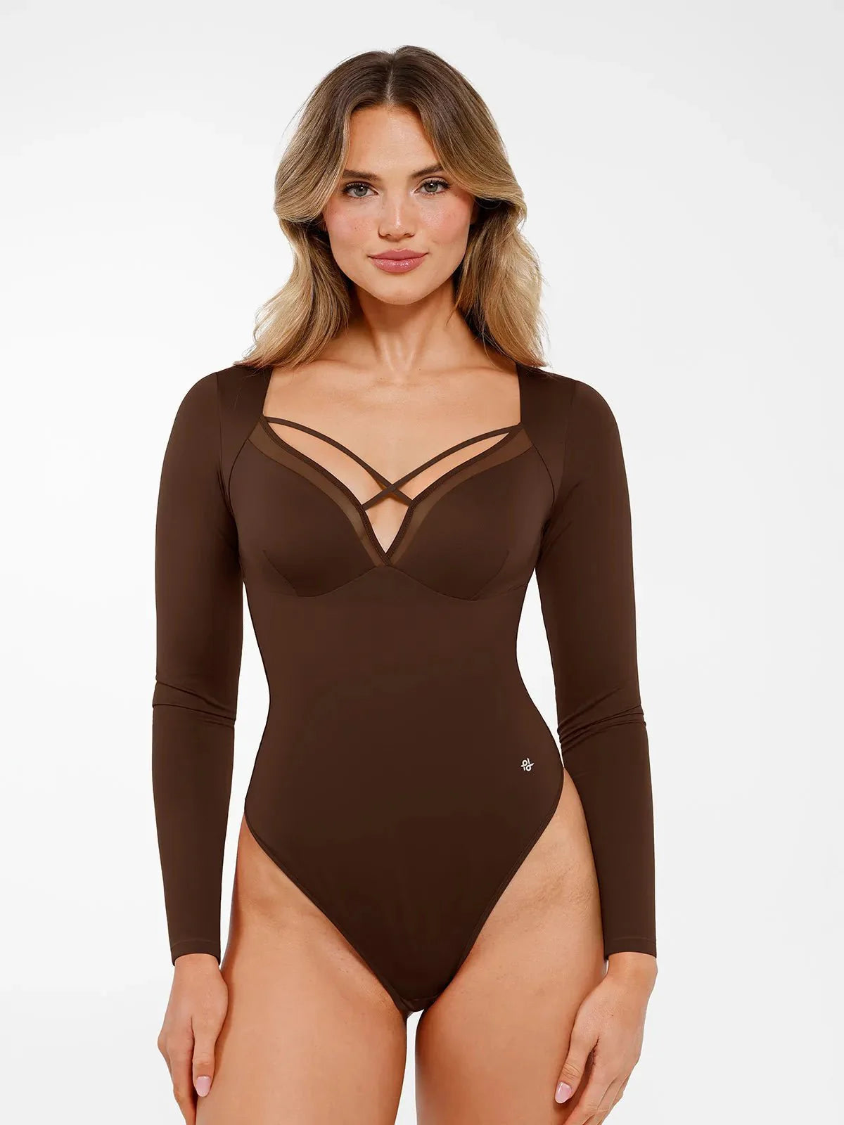 Body modelador manga longa com painel em malha e controle abdominal