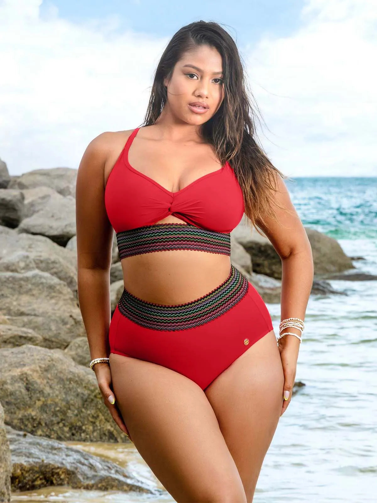 Conjunto de Biquíni Cintura Alta Boho com Controle de Barriga | Valentina Privée