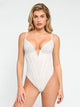 Corpete modelador com renda, decote em V profundo, silhueta ampulheta e bodysuit