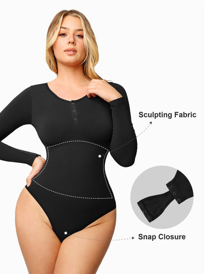 Body Modelador Sem Costura em Modal com Gola Henley | Manga Longa