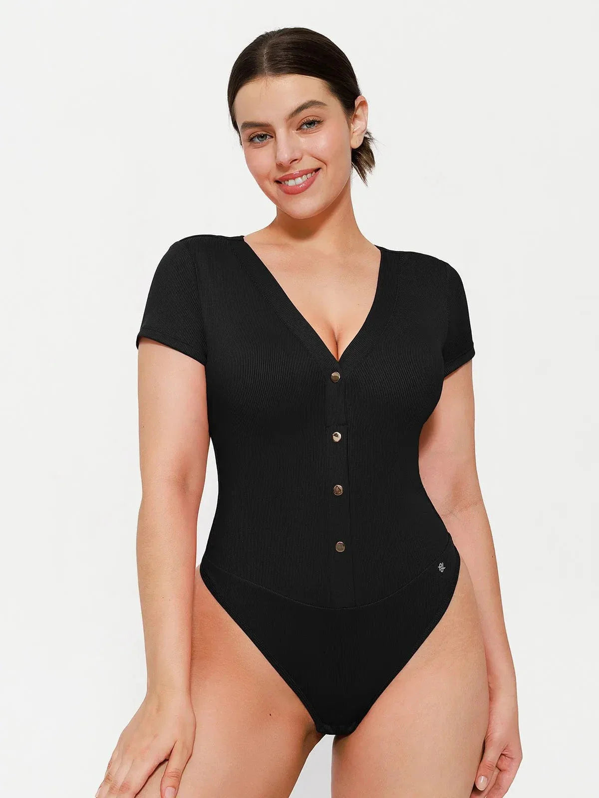 Bodysuit modelador com decote profundo em V e fechamento por botões na frente
