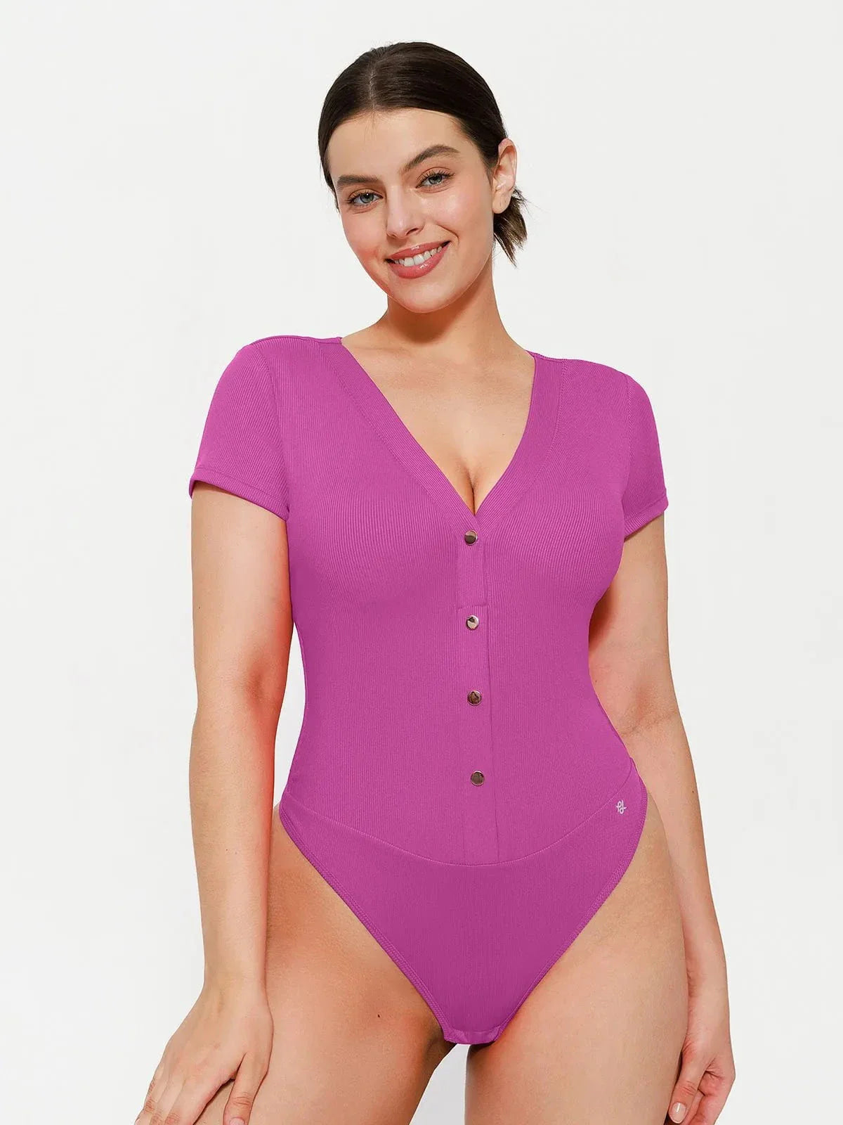 Bodysuit modelador com decote profundo em V e fechamento por botões na frente