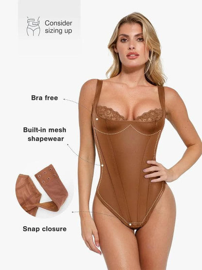 Body Modelador em Couro Sintético com Renda Balconette | Valentina Privée