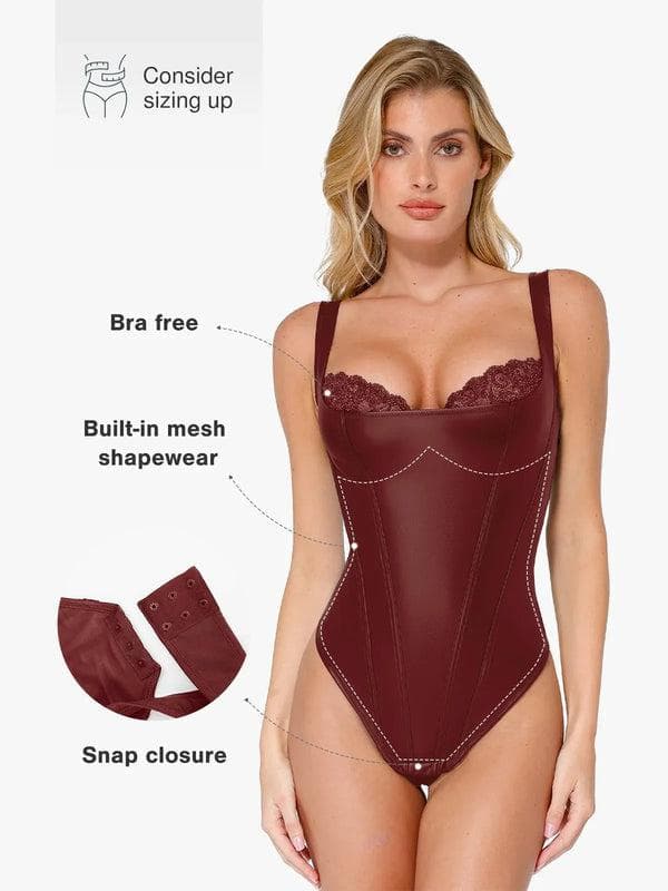 Body Modelador em Couro Sintético com Renda Balconette | Valentina Privée