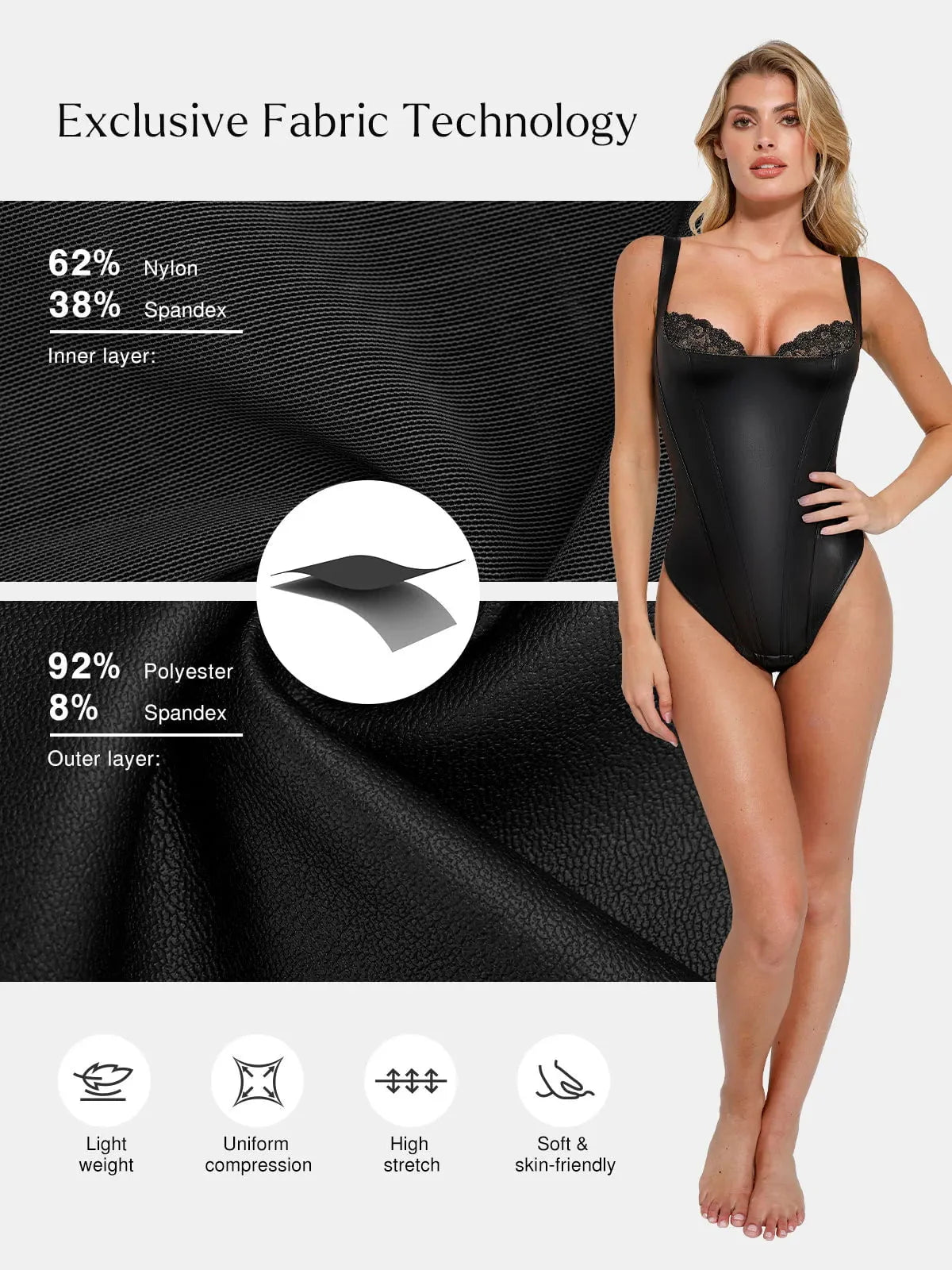 Body Modelador em Couro Sintético com Renda Balconette | Valentina Privée