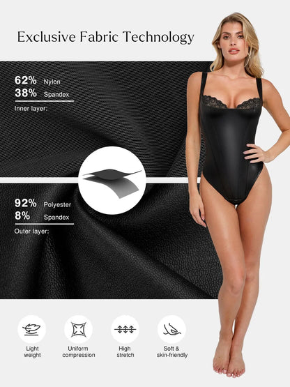 Body Modelador em Couro Sintético com Renda Balconette | Valentina Privée