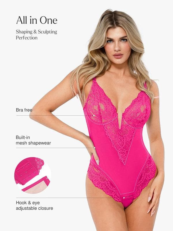 Body Modelador Rendado com Decote V Profundo | Tanga