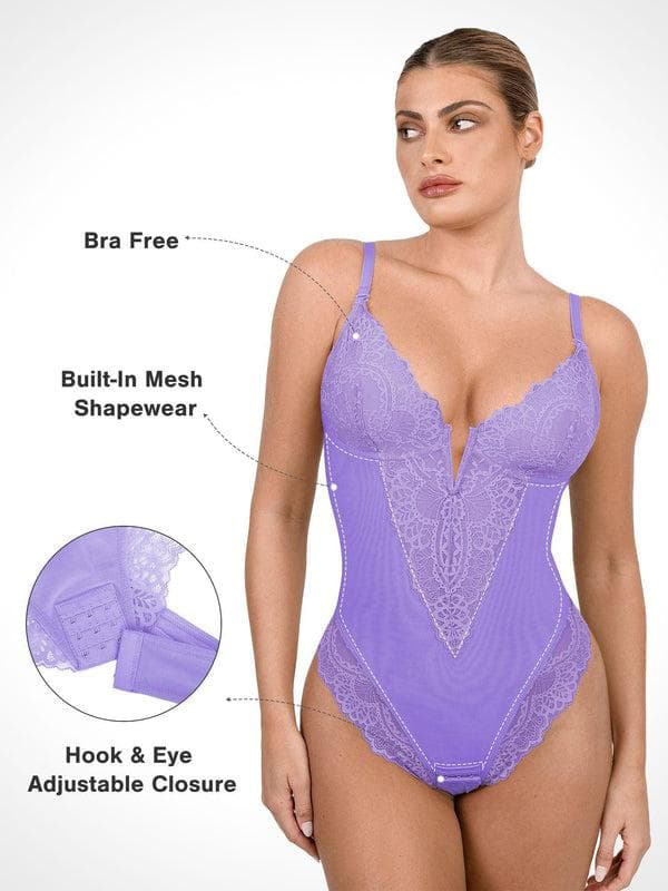 Body Modelador Rendado com Decote V Profundo | Tanga