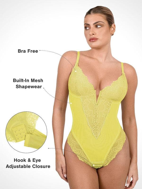 Body Modelador Rendado com Decote V Profundo | Tanga