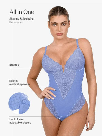 Body Modelador Rendado com Decote V Profundo | Tanga