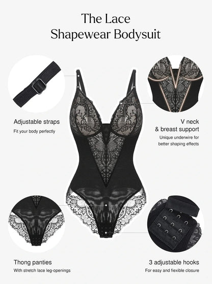 Body Modelador Rendado com Decote V Profundo | Tanga