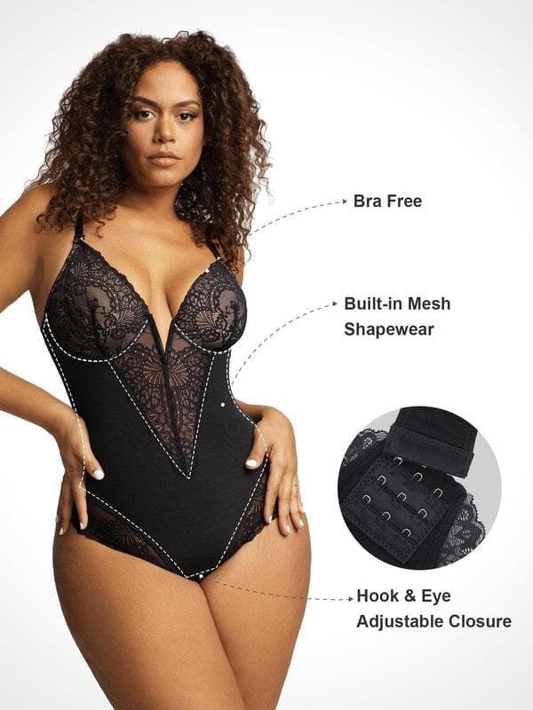 Body Modelador Rendado com Decote V Profundo | Tanga