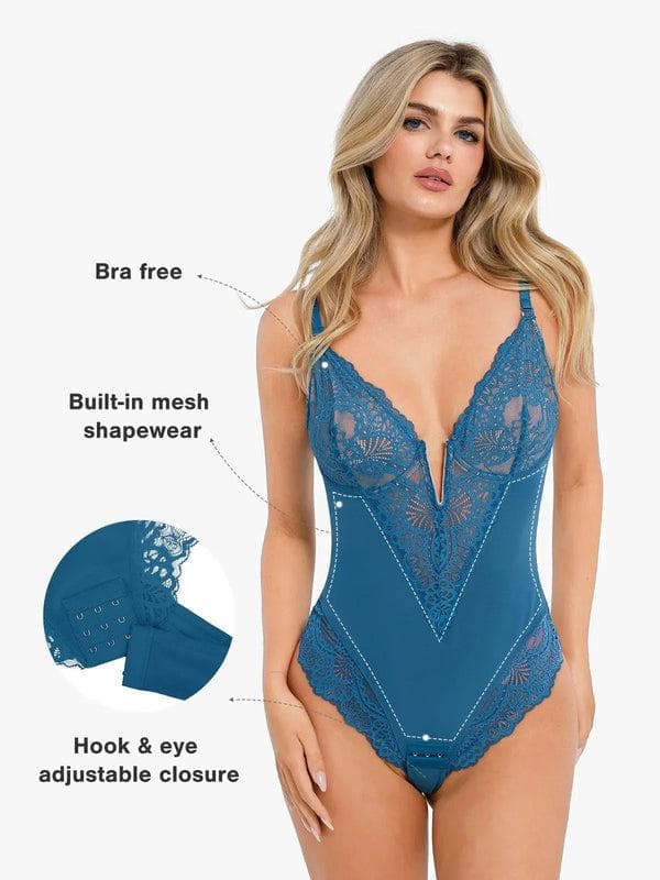 Body Modelador Rendado com Decote V Profundo | Tanga