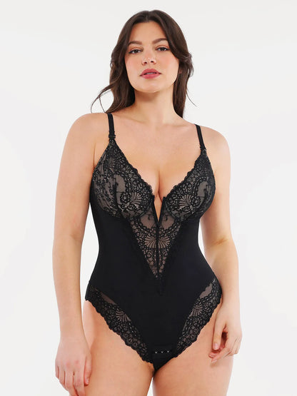 Body Modelador Rendado com Decote V Profundo | Tanga