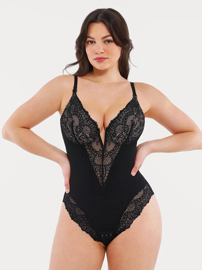 Body Modelador Rendado com Decote V Profundo | Tanga