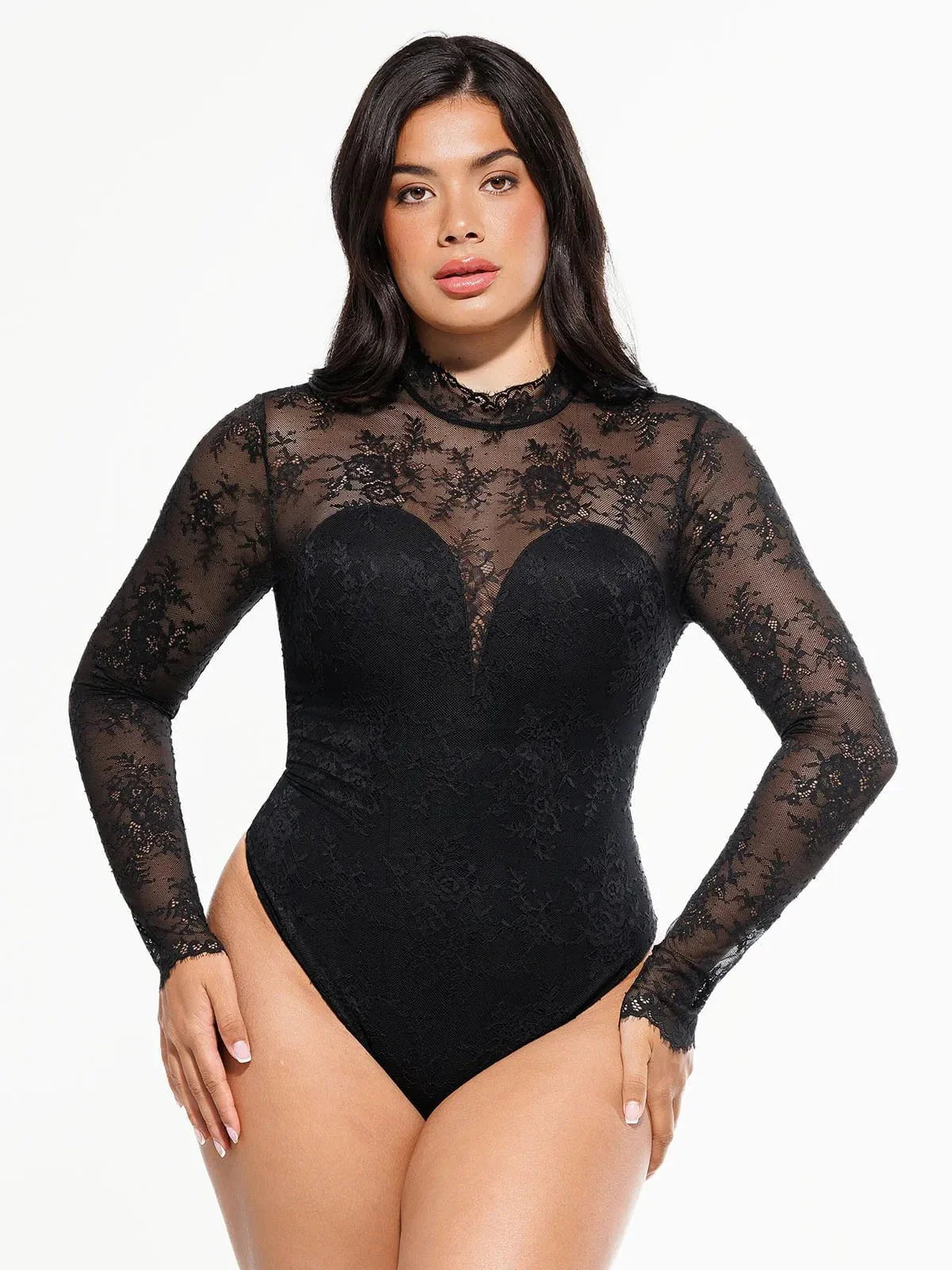 Body modelador rendado com renda floral e manga longa com gola alta falsa