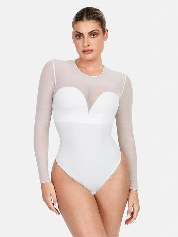 Body modelador rendado com renda floral e manga longa com gola alta falsa
