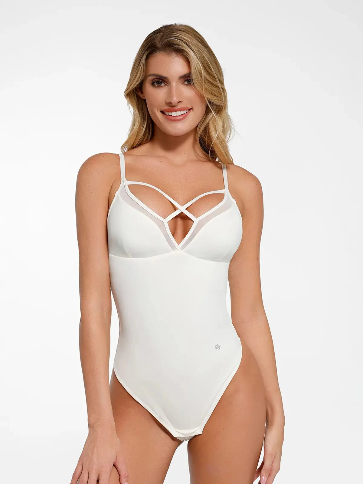 Body modelador sem mangas em malha translúcida com controle abdominal