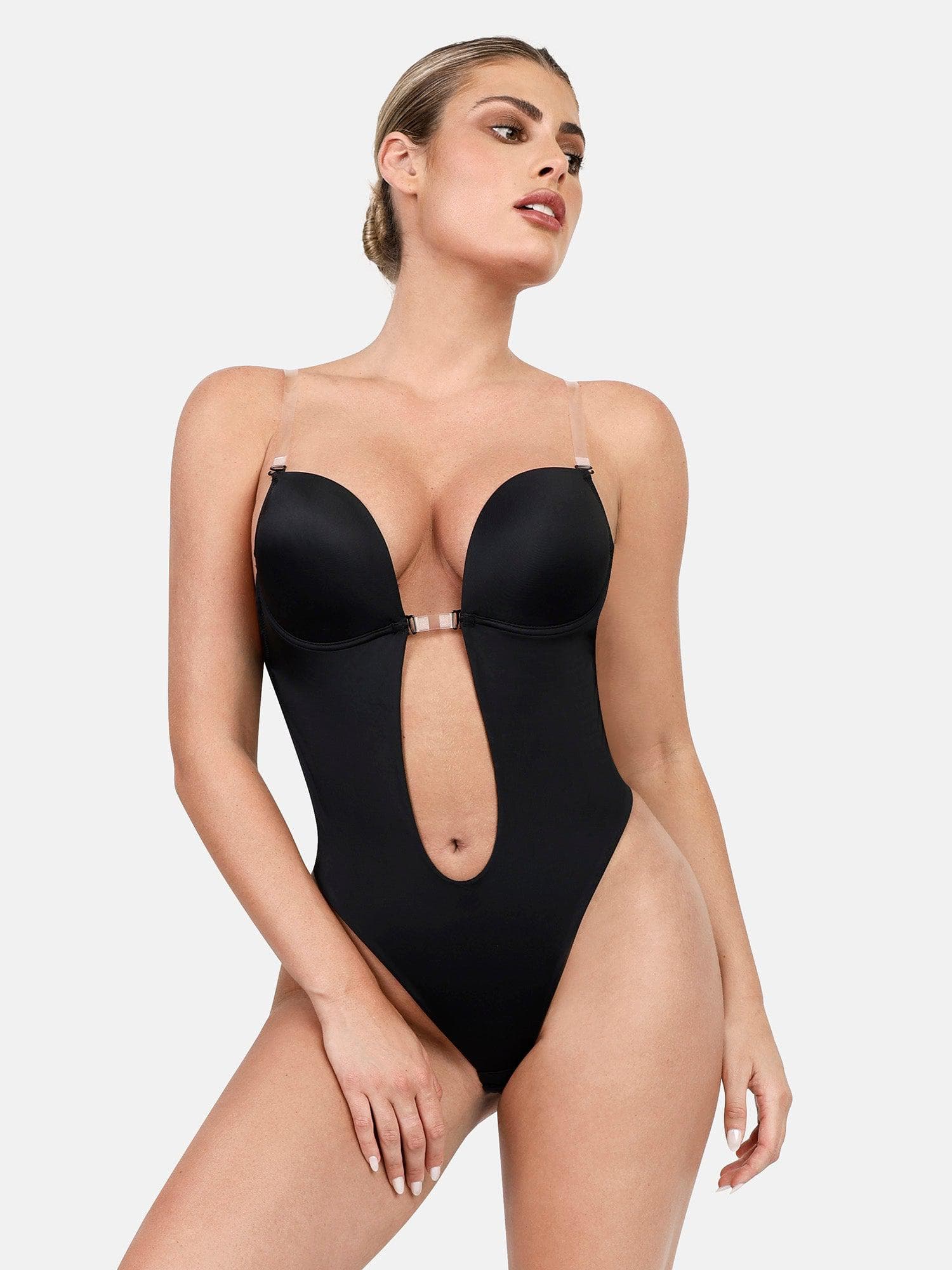 Roupas modeladoras com alças halter, decote em U profundo, efeito modelador, bodysuit sem costas