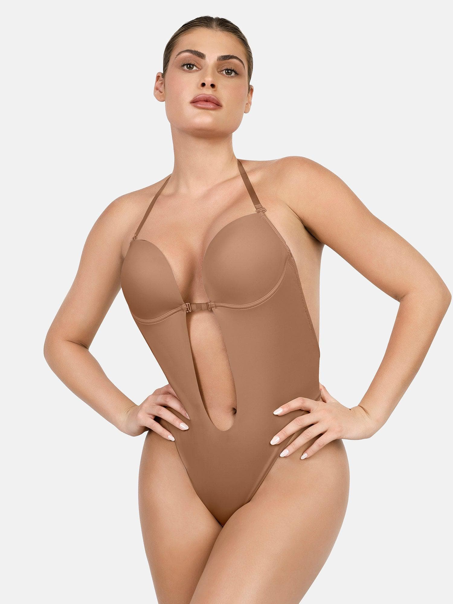 Roupas modeladoras com alças halter, decote em U profundo, efeito modelador, bodysuit sem costas