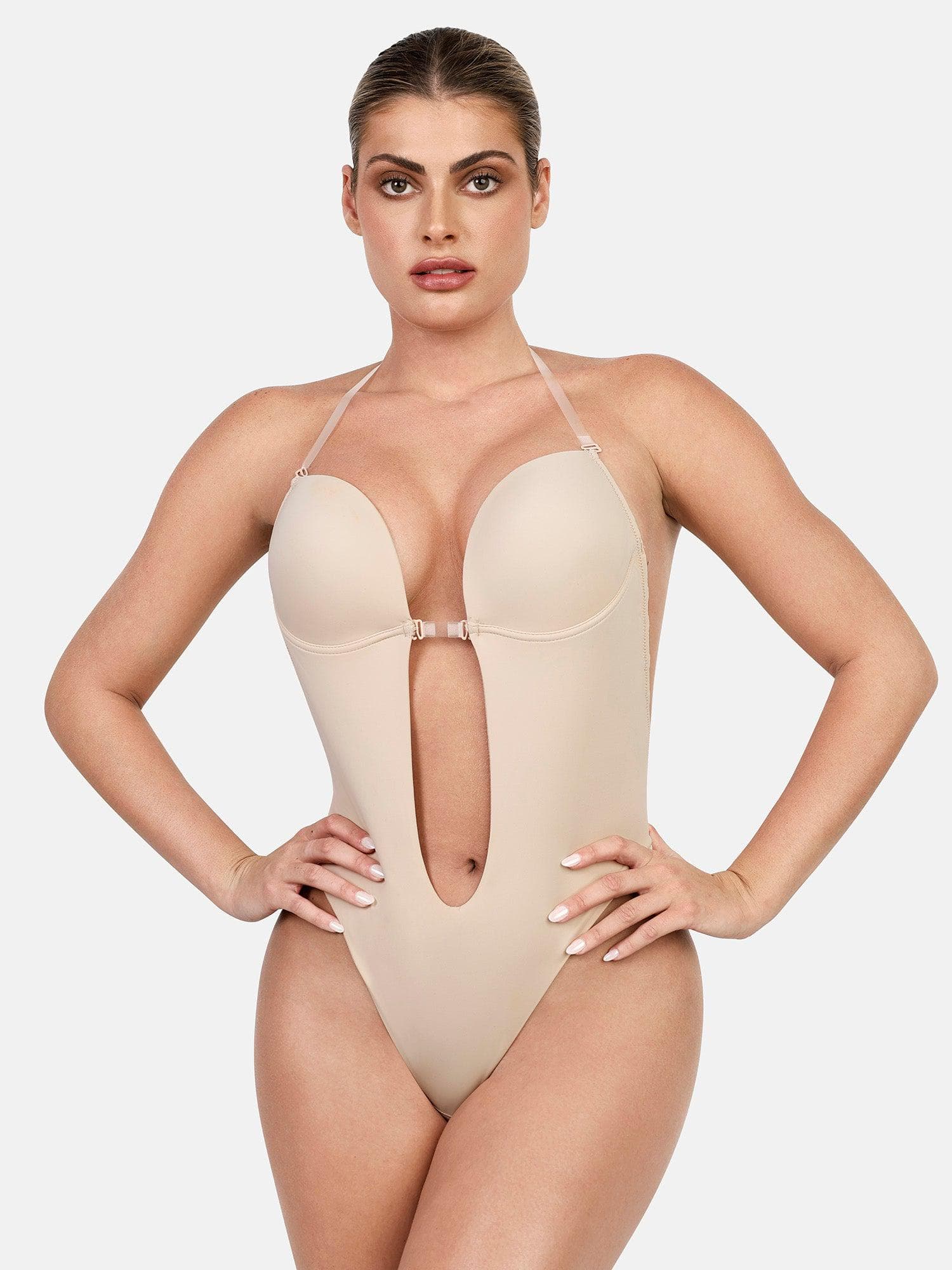 Roupas modeladoras com alças halter, decote em U profundo, efeito modelador, bodysuit sem costas