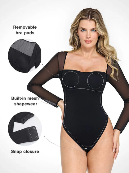 Body Modelador Manga Longa Decote Quadrado Valentina Privée
